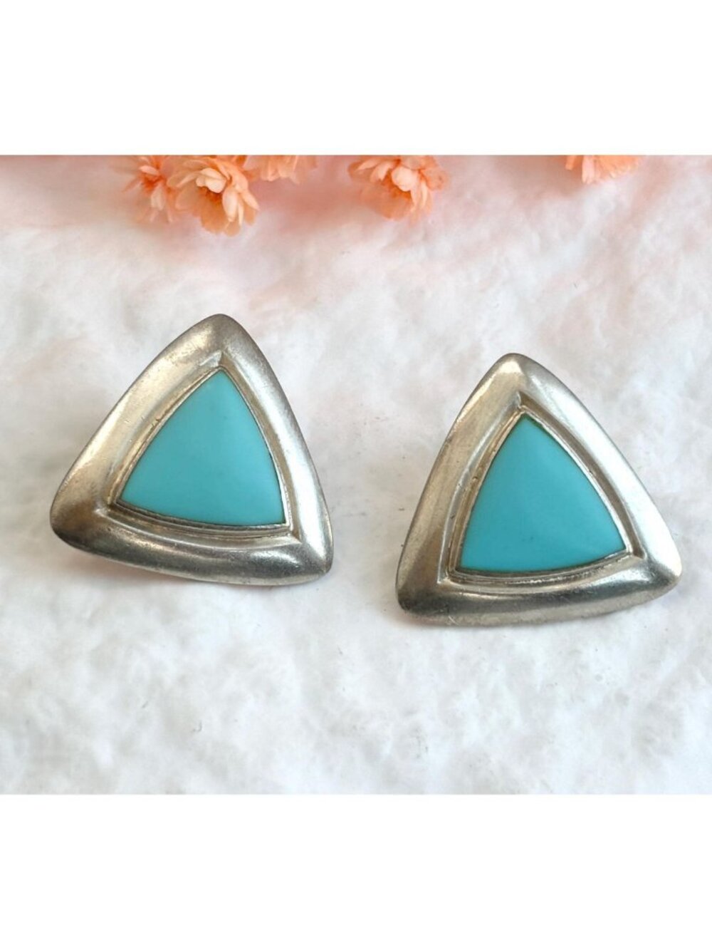 Turquoise Stone Triangle Shaped Sterling Silver Vintage 925 Stud Earrings